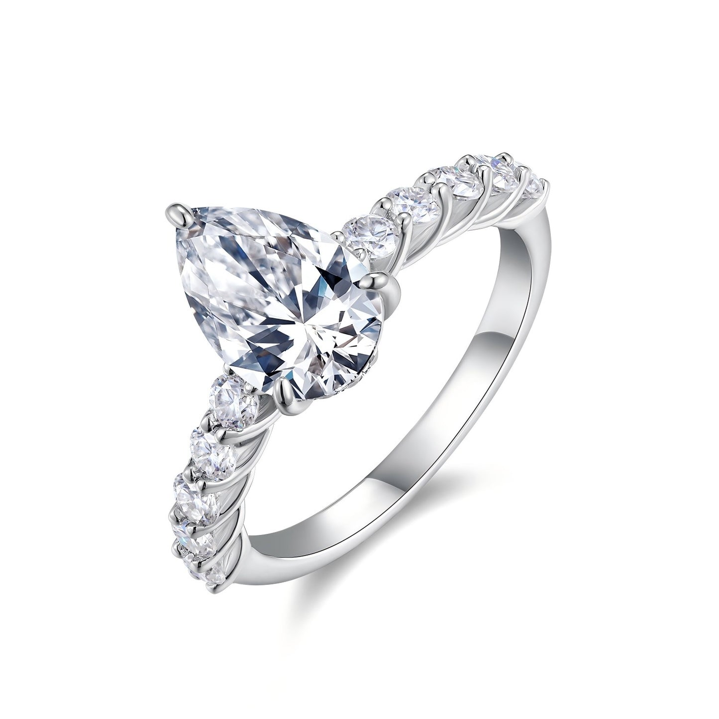 An eco-friendly diamond ring set with pear-shaped Moissanite S925 sterling silver plated with platinum