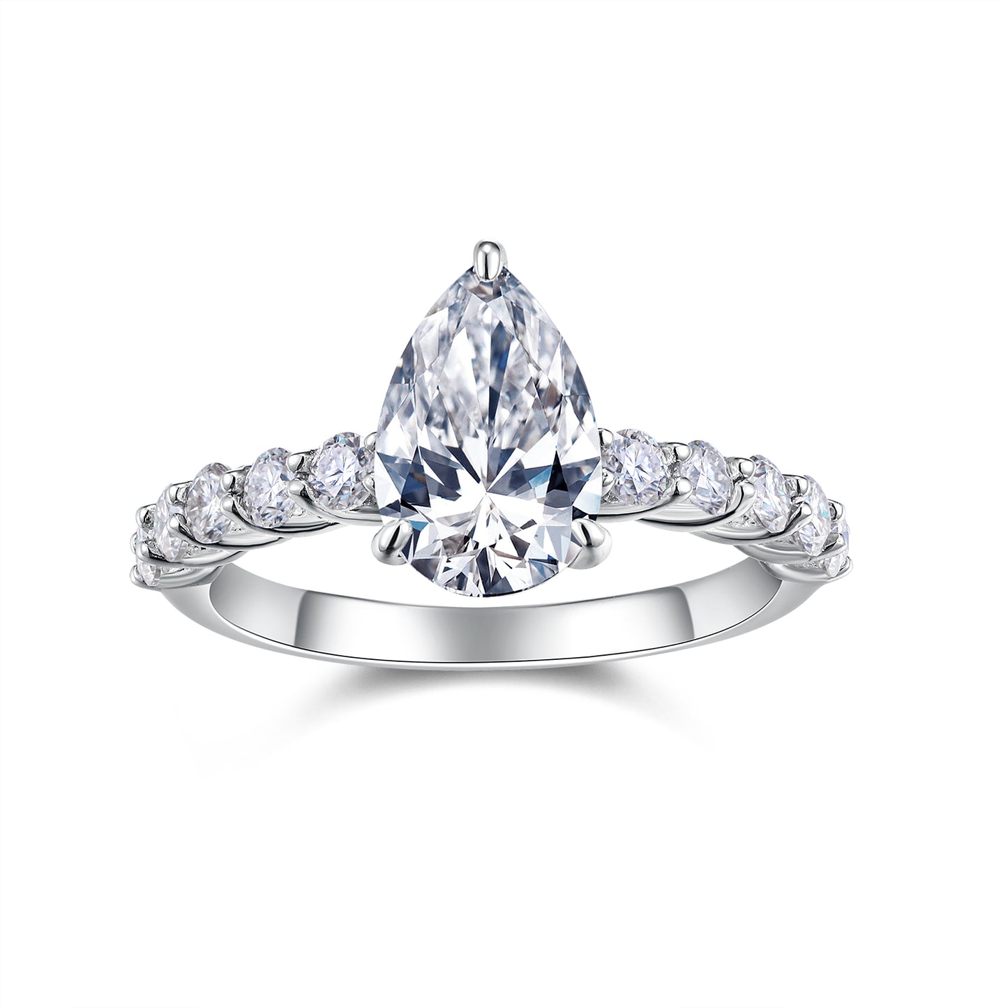 An eco-friendly diamond ring set with pear-shaped Moissanite S925 sterling silver plated with platinum