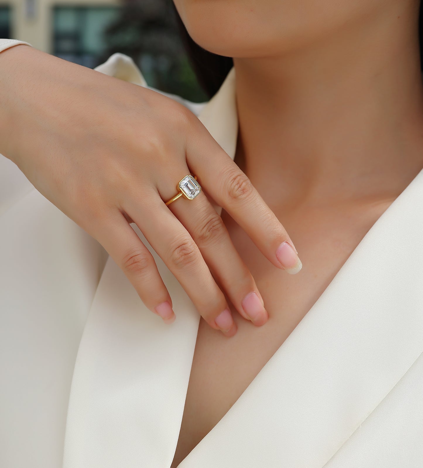 An octagonal 7*9 Moissanite S925 sterling silver and gold-plated eco-friendly diamond ring