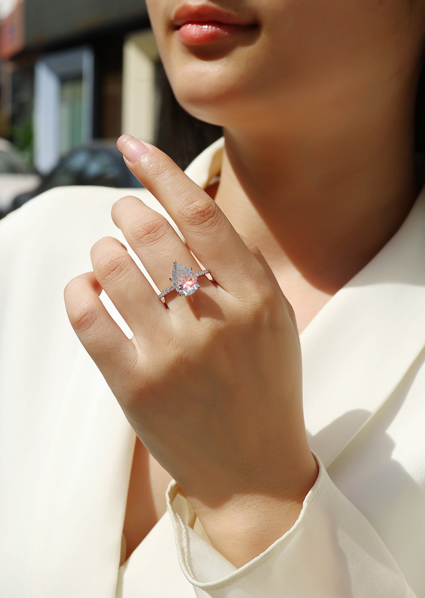 Light and shadow - inlaid pear-shaped 9*13 moissanite ring environmentally friendly diamond ring S925 sterling silver ring