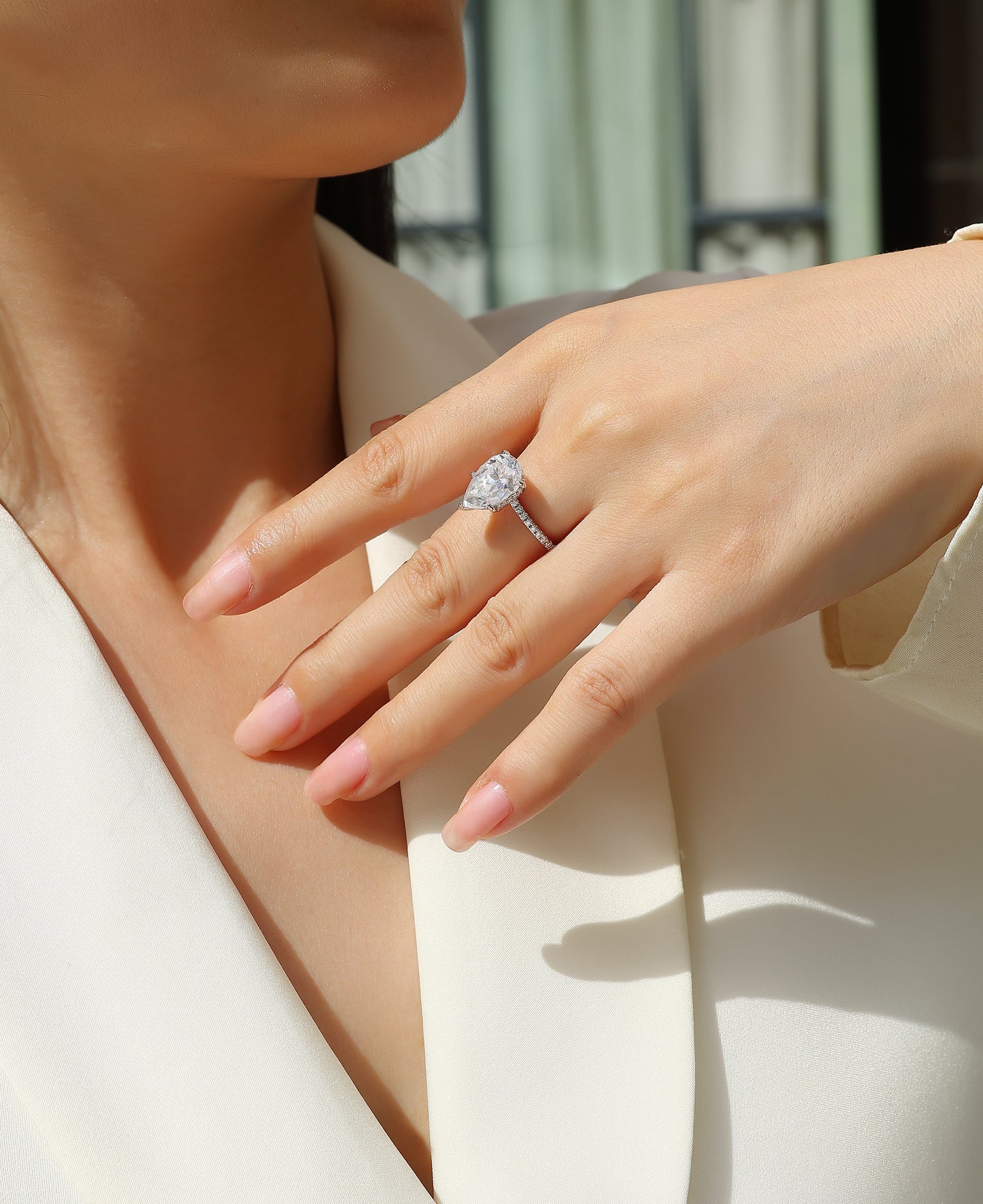 Light and shadow - inlaid pear-shaped 9*13 moissanite ring environmentally friendly diamond ring S925 sterling silver ring
