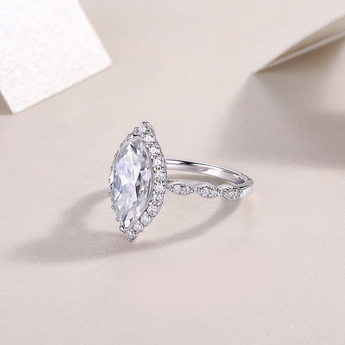 Mirror of Joy - Ring with 7*14 Moissanite inlaid with horse eye, environmentally friendly diamond ring, S925 sterling silver ring