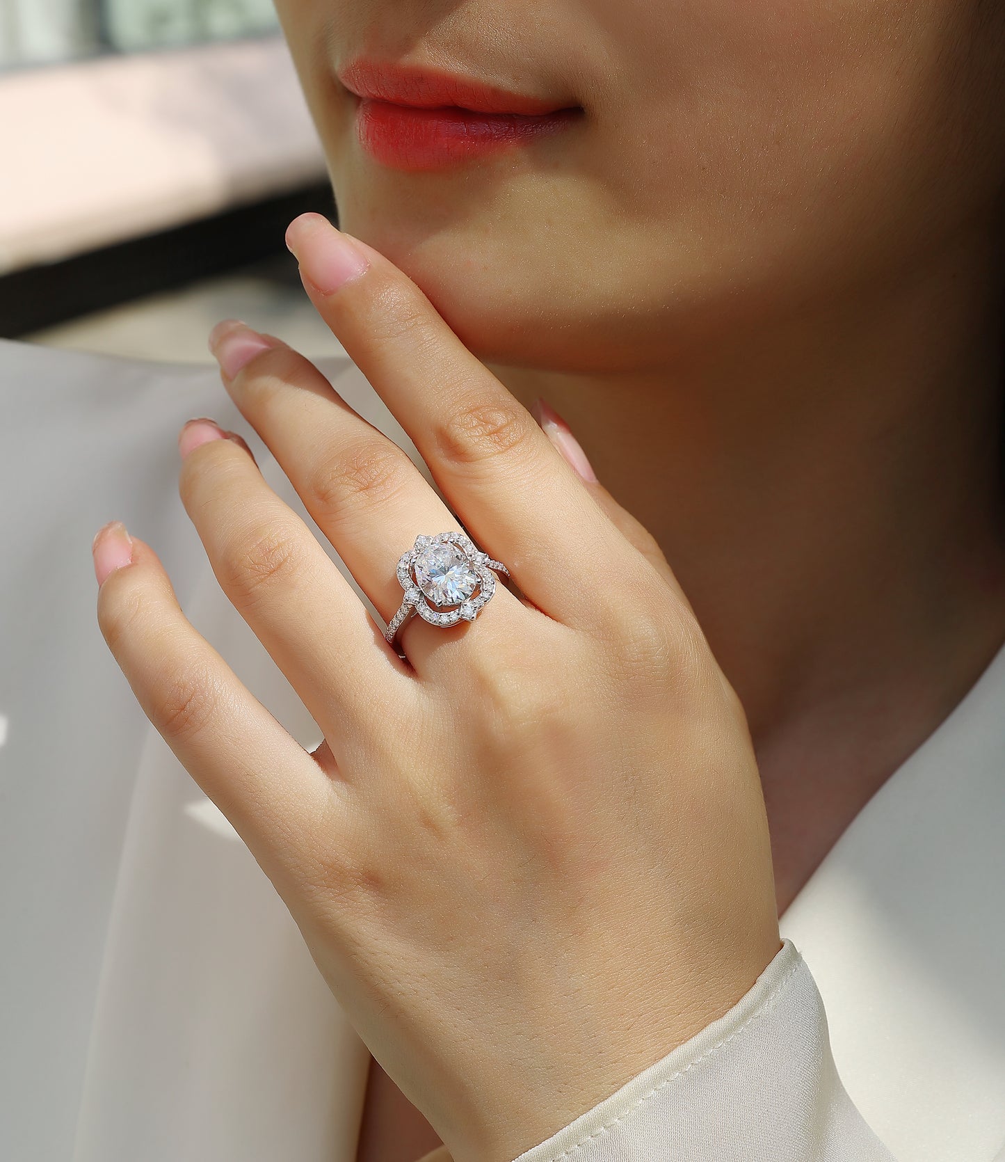 Camellia - Inlaid egg-shaped 8*10 moissanite ring Environmentally friendly diamond ring S925 sterling silver plated platinum ring