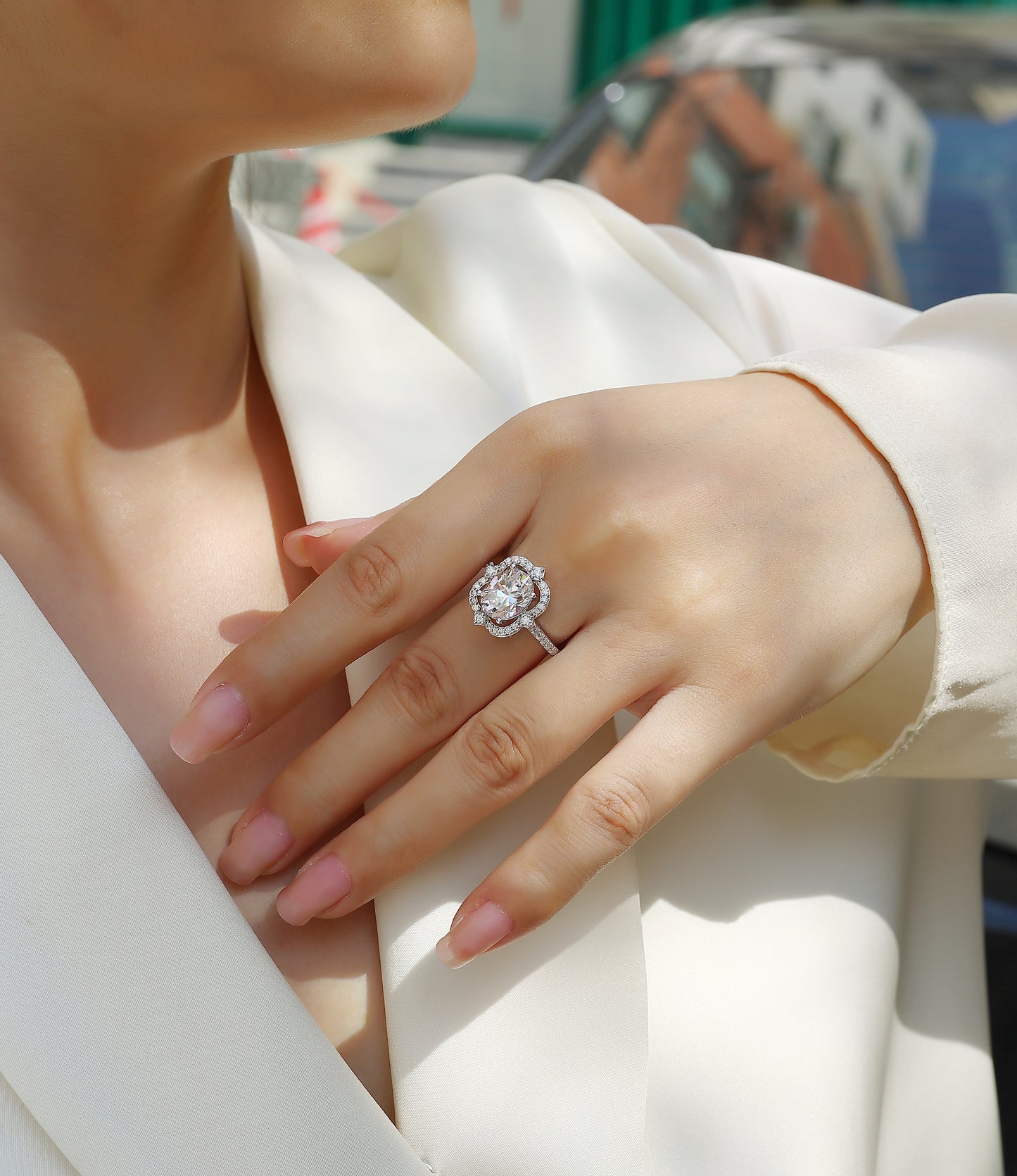 Camellia - Inlaid egg-shaped 8*10 moissanite ring Environmentally friendly diamond ring S925 sterling silver plated platinum ring
