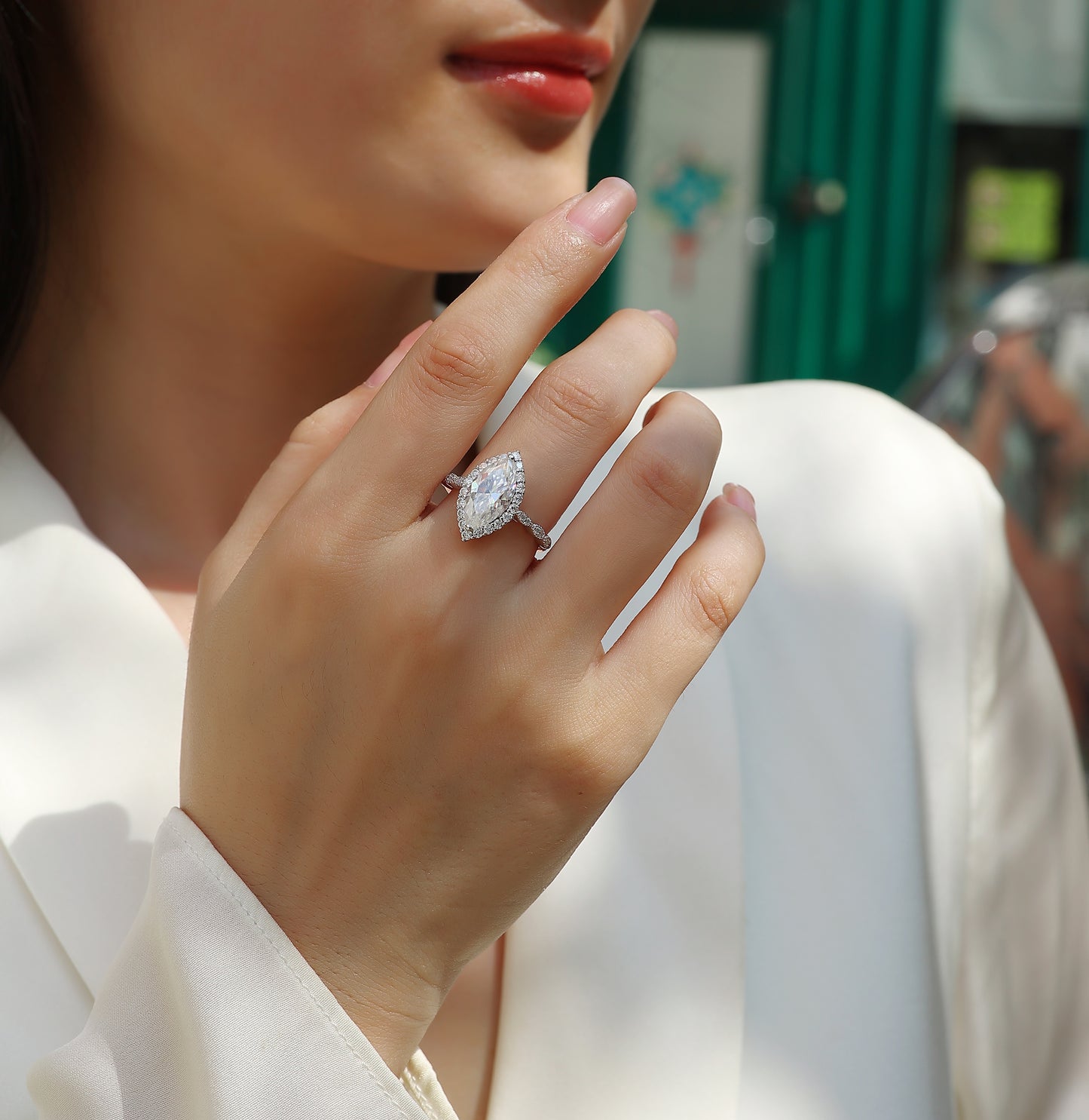 Mirror of Joy - Ring with 7*14 Moissanite inlaid with horse eye, environmentally friendly diamond ring, S925 sterling silver ring
