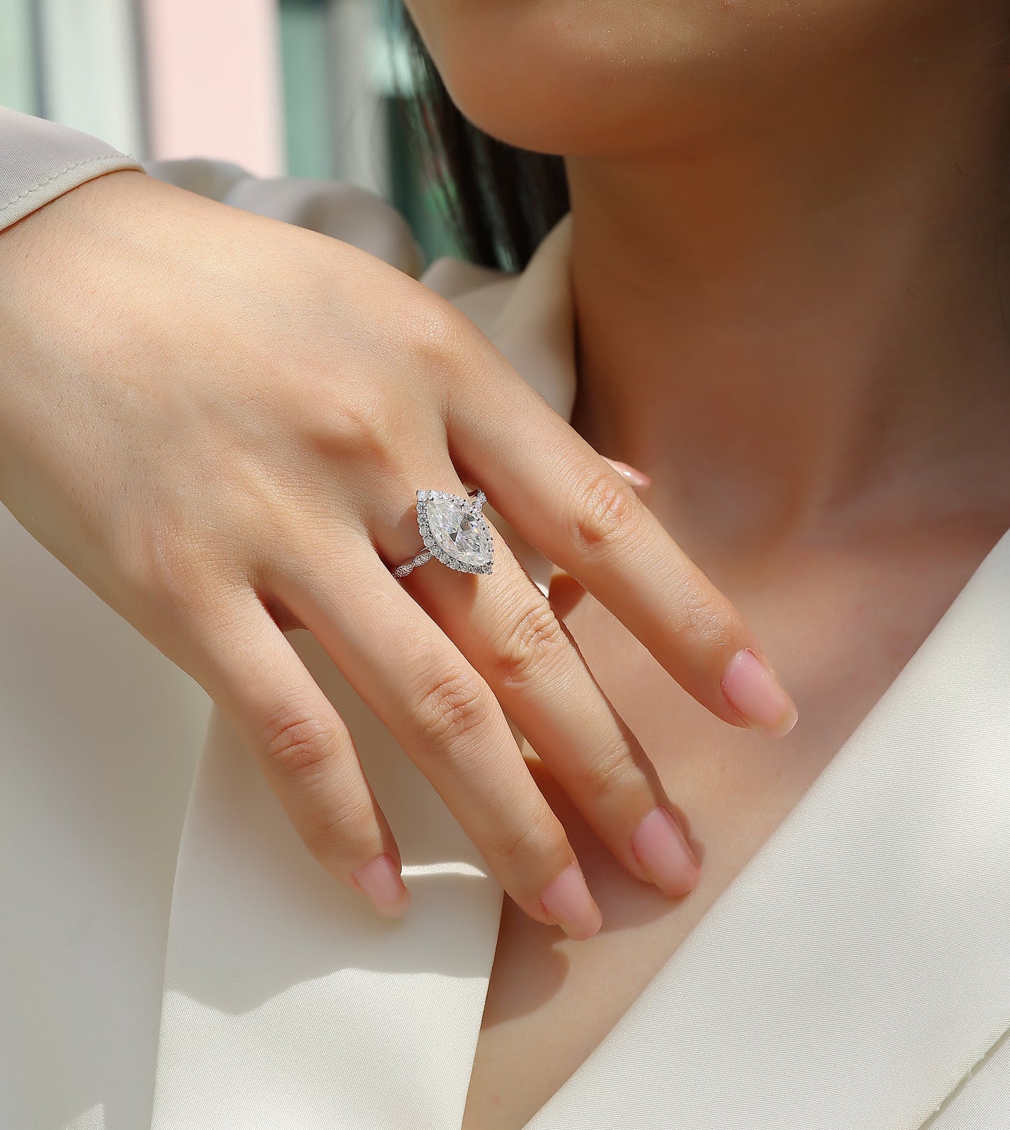 Mirror of Joy - Ring with 7*14 Moissanite inlaid with horse eye, environmentally friendly diamond ring, S925 sterling silver ring