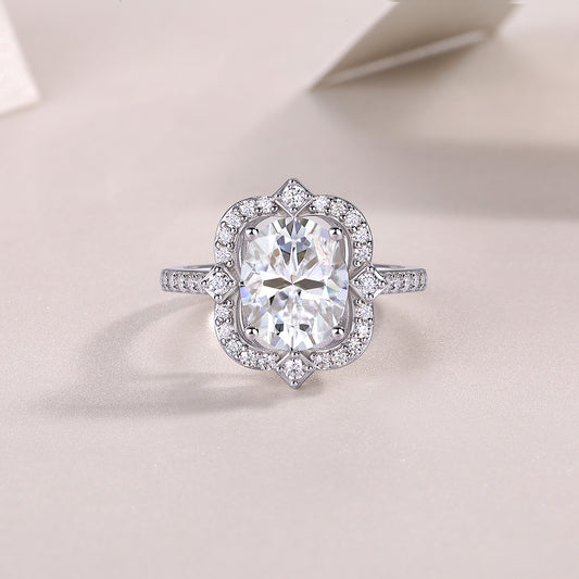 Camellia - Inlaid egg-shaped 8*10 moissanite ring Environmentally friendly diamond ring S925 sterling silver plated platinum ring